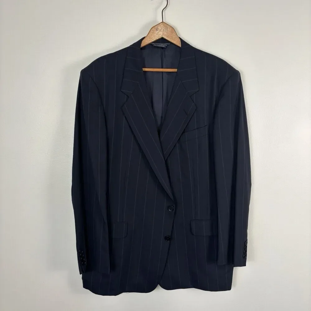 Gieves & Hawkes Savile Row Suit 48 LNG 100% Wool Pinstripe Navy Blue Franco's